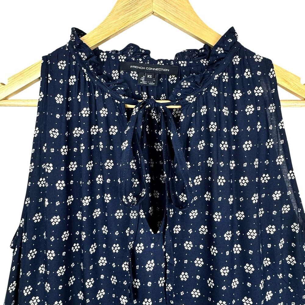 French Connection Dress XS Navy Floral High Neck Keyhole Peasant Boho Cottage - Picture 4 of 16